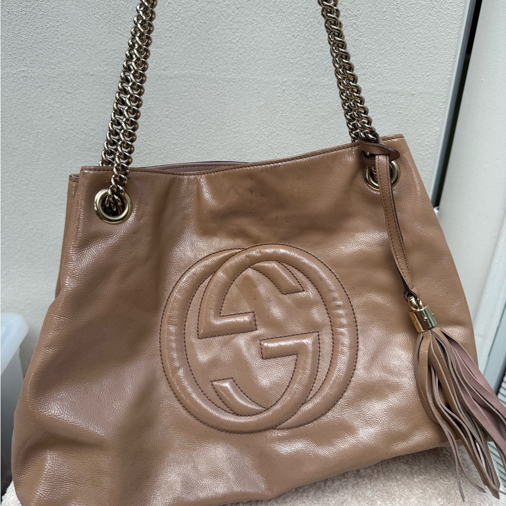 Gucci Brown Leather Shoulder Bag with Chain Detail